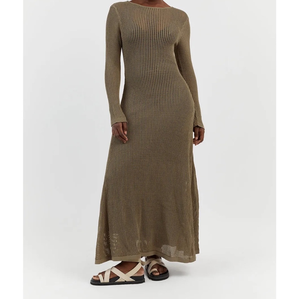 DISSH- knit ophelia crochet Long Sleeve Knit Maxi Dress in Olive Taupe